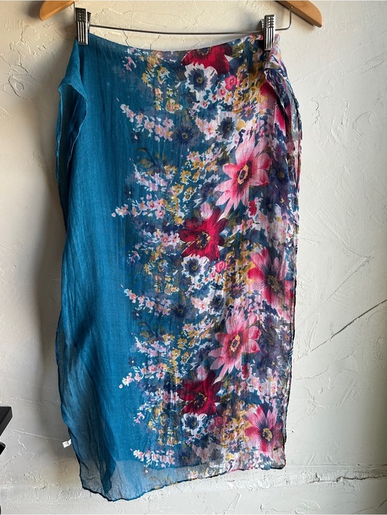 Accessories - Floral Watercolor Viscose Scarf Blue Pink Sheer Boho Cottagecore Romantic 62x40